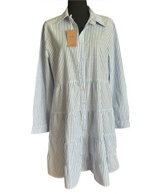 UTCOCO Blue White Stripe Tiered Shirt Dress Coastal Grandmillennial Cottage L